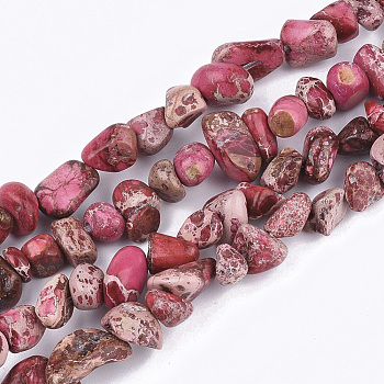 Natural Imperial Jasper Beads Strands, Dyed, Chips, Indian Red, 4~18x4~15x1~10mm, Hole: 1mm, about 88~100pcs/strand, 15.3 inch~15.7 inch