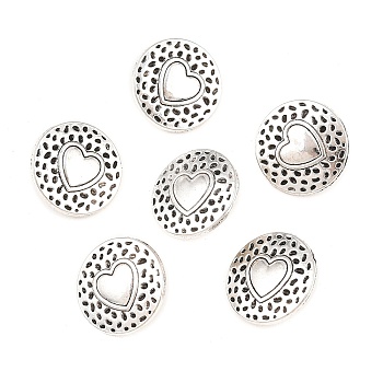 Tibetan Style Alloy Shank Buttons, Cadmium Free & Lead Free, Flat Round with Heart, Antique Silver, 18x7mm, Hole: 2mm