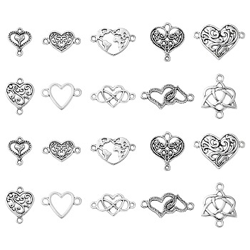 100Pcs 10 Styles Tibetan Style Alloy Connector Charms, Heart Links, Lead Free & Cadmium Free, for Valentine's Day, Antique Silver, 12.5~25x14~24x2~3mm, Hole: 1.8mm, 10pcs/style