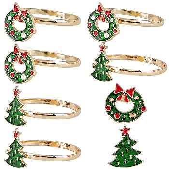 6Pcs 2 Style inc Alloy Napkin Rings, with Enamel, Christmas Wreath & Tree Napkin Holder Ornament, Restaurant Dinner Table Accessories, Christmas Themed Pattern, 3mm, Inner Diameter: 34.5mm, 3pcs/style