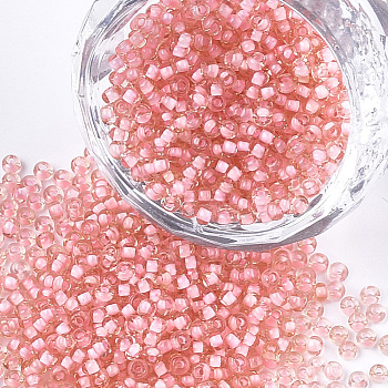 12/0 Grade A Round Glass Seed Beads, Transparent Inside Colours, Pink, 2x1.5mm, Hole: 0.7mm, about 48500pcs/pound