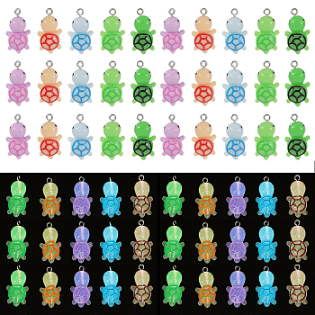 60Pcs 10 Styles Luminous Transparent & Opaque Resin Pendants Sets, Sea Turtle Charms, Glow in Dark, with Platinum Tone Iron Loops, Mixed Color, 27~28x13~13.5x8.5~9mm, Hole: 1.8mm, 6pcs/color