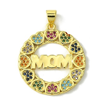 Mother's Day Brass Micro Pave Cubic Zirconia Pendants, Heart with Word Mom, Real 18K Gold Plated, 26x23.5x2mm, Hole: 5x3.5mm