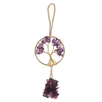 Wire Wrapped Chips Natural Amethyst Big Pendant Decorations, with Brass Wires and Nylon Cord, Flat Round with Tree of Life, 170mm