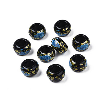 Flower Printed Opaque Acrylic Rondelle Beads, Large Hole Beads, Black, 15x9mm, Hole: 7mm
