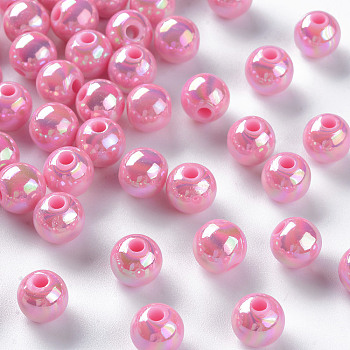 Opaque Acrylic Beads, AB Color Plated, Round, Hot Pink, 8x7mm, Hole: 2mm
