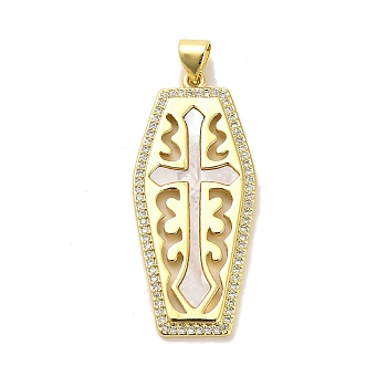 Brass Micro Pave Cubic Zirconia Pendants, with Shell, Real 18K Gold Plated, Hexagon, 37x16.5x2mm, Hole: 5x3.5mm