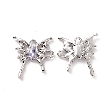 Rack Plating Alloy Connector Charms, Butterfly Links with Glass, Platinum, Cadmium Free & Lead Free & Nickle Free, Lilac, 29x28x4.5mm, Hole: 3.5x2.5mm