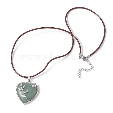 Ожерелье с подвеской в виде сердца из натурального зеленого авантюрина со шнурками из воловьей кожи(NJEW-JN04598-03)-4