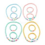 Stretch Kids Beaded Necklace & Bracelet Jewelry Sets, with Round & Heart Opaque Acrylic Beads, Mixed Color, 18.11 inch(46cm), Inner Diameter: 45mm(SJEW-JS01198)