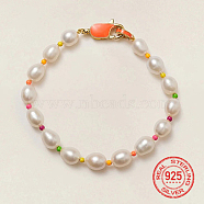 Natural Pearl Beaded Bracelets for Women, with Glass Seed Beads and 925 Sterling Silver Findings, Real 18K Gold Plated, 7.09 inch(18cm)(CT7903-1)