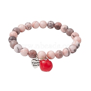 Teachers' Day Thank You 8mm Round Natural Zebra Jasper Stretch Bracelets, Apple Resin Charm Bracelets for Women, Inner Diameter: 2-5/8 inch(6.6cm)(BJEW-JB10432-02)