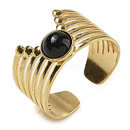 Natural Dyed & Heated Black Agate Finger Rings, 304 Stainless Steel Multi-layer Open Cuff Rings, Real 18K Gold Plated, 13.5mm, Adjustable(RJEW-U027-02G-08)