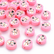 Handmade Polymer Clay Beads, Flat Round with Christmas Snowman, Pearl Pink, 10x4mm, Hole: 1.6mm(CLAY-N011-006)