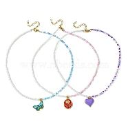 3Pcs 3 Style Alloy Enamel Pendant Necklaces Set with Glass Seed Beaded Chains, Butterfly & Heart & Rose Flower, Mixed Color, 17.24 inch(43.8cm), 1Pc/style(NJEW-JN04457)