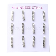 304 Stainless Steel Stud Earring, with Rhinestone, Rectangle, Stainless Steel Color, 15x3mm, 12pcs/set(EJEW-C099-08P)