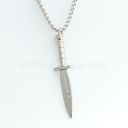 Punk Style 316L Surgical Stainless Steel Dagger Shaped Pendant Box Chain Necklaces for Men, Stainless Steel Color, 23.62 inch(60cm)(WG90F01-01)