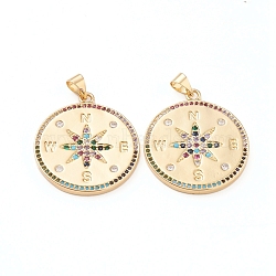 Brass Micro Pave Cubic Zirconia Pendants, Long-Lasting Plated, Flat Round with Compass, Real 18K Gold Plated, Colorful, 25.5x2mm, Hole: 3x4mm(ZIRC-L093-46G)