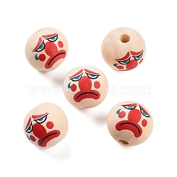 Printed Wood European Beads, Round with Clown Pattern, PapayaWhip, 19~20mm, Hole: 4~5mm(WOOD-G022-06H)