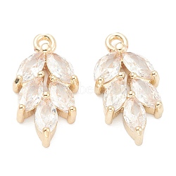 Brass Clear Cubic Zirconia Pendants, Leaf, Real 14K Gold Plated, 17.5x9x3mm, Hole: 1.2mm(X-ZIRC-O042-03G)