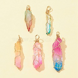 5Pcs Natural Dyed Quartz Pendants, Two Tone Faceted Bullet Charms, with Eco-Friendly Copper Wire Wrapped, Mixed Color, Real 18K Gold Plated, 31~50x6~12x5~12mm, Hole: 4~4.5mm(G-FS0005-66)