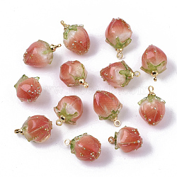 Handmade Flower Epoxy Resin Pendants, with Brass Peg Bails and Glass Micro Beads, Bud, Golden, Coral, 14~15x9~10x9~10mm, Hole: 1.2mm(KY-S163-103B)