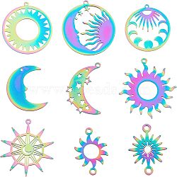 SUPERFINDINGS 9Pcs 9 Style Ion Plating(IP) 201 Stainless Steel Links & Pendants, Laser Cut, Sun & Moon & Star, Rainbow Color, 13~33.5x19~30.5x1mm, Hole: 1~1.8mm, 1pcs/style(FIND-FH0002-86)