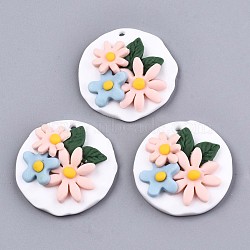 Handmade Polymer Clay Pendants, Flat Round with Flower, Colorful, 29.5~30.5x8~9mm, Hole: 1.8~2mm(X-CLAY-N010-017)