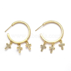 Brass Micro Pave Clear Cubic Zirconia Stud Earrings, Half Hoop Earrings, Ring with Cross, Real 18K Gold Plated, 42x2mm, Pin: 0.8mm(EJEW-O105-02G)