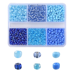 936Pcs 6 Style Glass Seed Round Beads, Opaque & Transparent & Silver Lined Colors, Small Craft Beads for DIY Jewelry Making, Blue, 3~4x2~3mm, Hole: 0.8~1mm, about 156Pcs/style(SEED-FS0001-07)