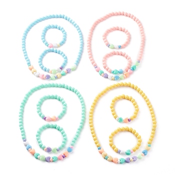 Stretch Kids Beaded Necklace & Bracelet Jewelry Sets, with Round & Heart Opaque Acrylic Beads, Mixed Color, 18.11 inch(46cm), Inner Diameter: 45mm