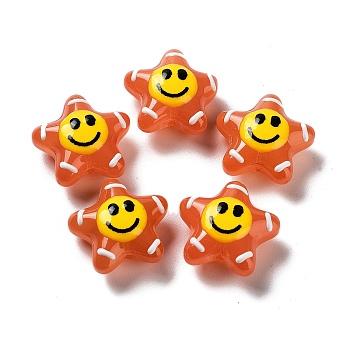 Handmade Lampwork Bead, with Enamel, Star with Smiling Face, Coral, 20~20.5x21~21.5x10.5~11mm, Hole: 1.6mm