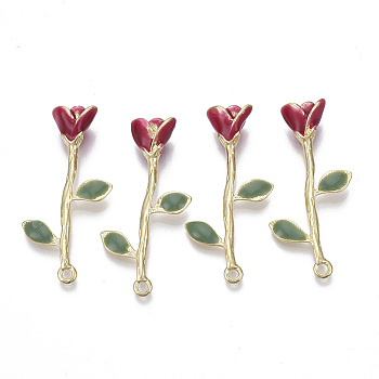 Alloy Pendants, with Enamel, Rose Flower, Light Gold, Red, 40.5x20x8mm, Hole: 1.8mm