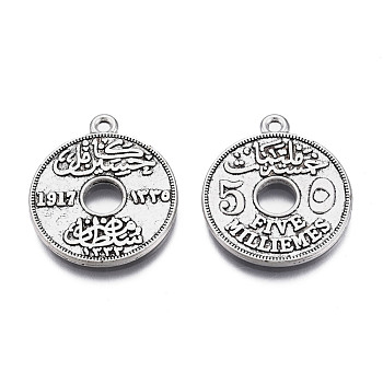 Tibetan Style Alloy Pendants, Cadmium Free & Lead Free, Flat Round with Word Five Milliemes, Antique Silver, 26.5x23x2mm, Hole: 1.8mm, about 280pcs/1000g