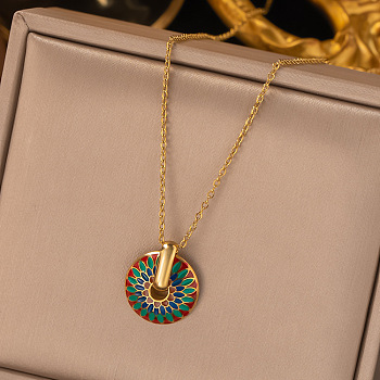 Colorful Enamel Flower Pendant Necklace, 304 Stainless Steel Jewelry for Women, Golden, 15.55~15.94 inch(39.5~40.5cm)