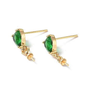 Brass Glass Rhinestone Stud Earrings Findings, with 925 Sterling Silver Pins Cup Peg Bails, Real 18K Gold Plated, Heart, Emerald, 16.5x6mm, Pin: 0.8mm