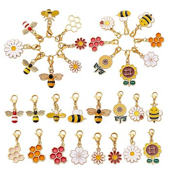 Alloy Enamel Pendant Decoration, 304 Stainless Steel Lobster Clasp Charms, for Keychain, Purse, Backpack Ornament, Honeycomb & Bees & Sunflower, Mixed Shapes, 28~40mm, 16pcs/set