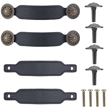 PU Leather Drawer Handles, Door Pull Handles, Cabinet Pull Strap, with Alloy Buckles & Screws, Black, 152x28x3mm, Hole: 6.6mm