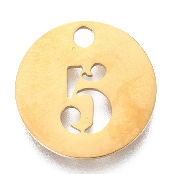 304 Stainless Steel Pendants, Cut-Out, Hollow, Flat Round with Number, Golden, Num.5, 19x1.5mm, Hole: 2.5mm