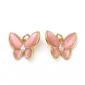 Butterfly Brass Micro Pave Clear Cubic Zirconia Pendants, with Cat Eye, with Jump Rings, Cadmium Free & Lead Free, Real 18K Gold Plated, Pink, 15.5x17.5x4mm, Hole: 3.2mm