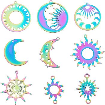 SUPERFINDINGS 9Pcs 9 Style Ion Plating(IP) 201 Stainless Steel Links & Pendants, Laser Cut, Sun & Moon & Star, Rainbow Color, 13~33.5x19~30.5x1mm, Hole: 1~1.8mm, 1pcs/style