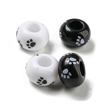 Printed Acrylic Beads, Rondelle, Black & White, Paw Print, 13.5x8.5mm, Hole: 5.5~5.6mm
