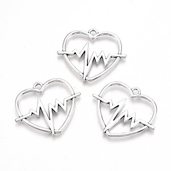 Tibetan Style Alloy Pendants, Lead Free & Cadmium Free, Heart with Heart Beat, Antique Silver, 24.5x29.5x2mm, Hole: 2mm, about 238pcs/500g