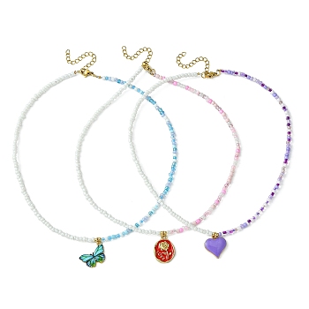 3Pcs 3 Style Alloy Enamel Pendant Necklaces Set with Glass Seed Beaded Chains, Butterfly & Heart & Rose Flower, Mixed Color, 17.24 inch(43.8cm), 1Pc/style