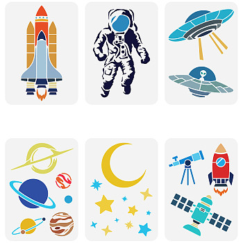 6Pcs 6 Styles PET Hollow Out Drawing Painting Stencils, for DIY Scrapbook, Photo Album, Universe Pattern, Space Theme Pattern, 297x210mm, 1pc/style