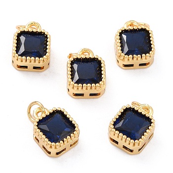 Real 18K Gold Plated Brass Inlaid Cubic Zirconia Charms, with Jump Ring, Long-Lasting Plated, Square, Dark Blue, 9.5x7x4mm, Jump Ring: 4x0.5mm, 2.5mm Inner Diameter