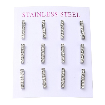 304 Stainless Steel Stud Earring, with Rhinestone, Rectangle, Stainless Steel Color, 15x3mm, 12pcs/set