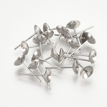 304 Stainless Steel Stud Earring Findings, For Half Drilled Beads, Stainless Steel Color, 6mm, Pin: 0.8mm