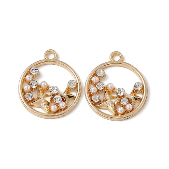 Alloy Crystal Rhinestone Pendants, with ABS Plastic Imitation Pearl Beads, Flat Round with Star Charm, Golden, 21.5x18.5x3mm, Hole: 1.8mm