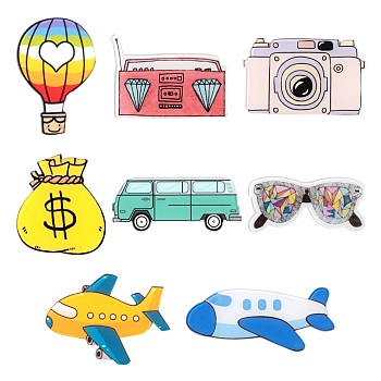 8Pcs 8 Style Acrylic Safety Brooches, with Iron Pin, Moneybag & Hot-air Balloon & Glasses & Flamingo & Camera & Bus & Passenger Airplane & Aerobus, Mixed Color, 22~45x30~57x7~8.5mm, Pin: 0.7~0.8mm, 1pc/style